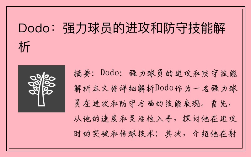 Dodo：强力球员的进攻和防守技能解析