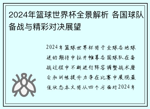 2024年篮球世界杯全景解析 各国球队备战与精彩对决展望